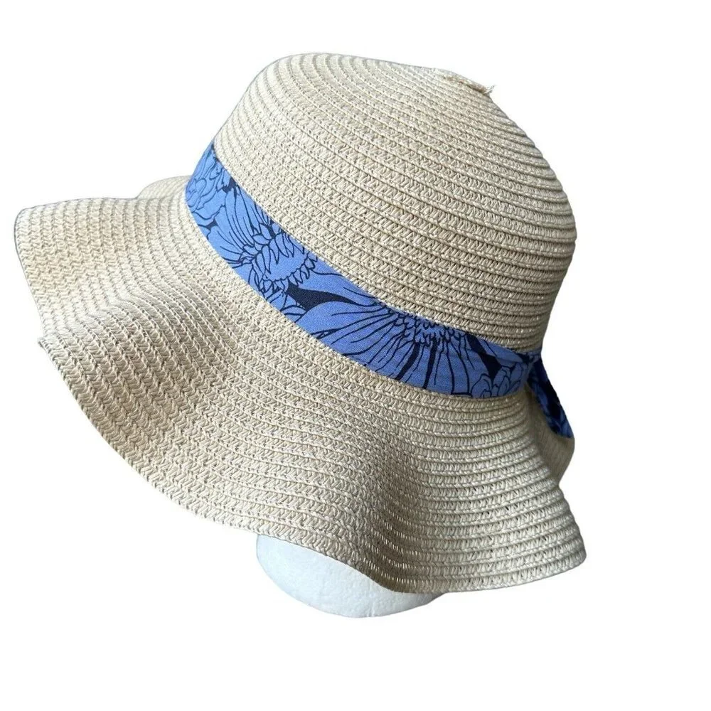 Straw Hat Wide Brim Sun Hat Beach Blue Ribbon‎ Hatband for Toddler Girls